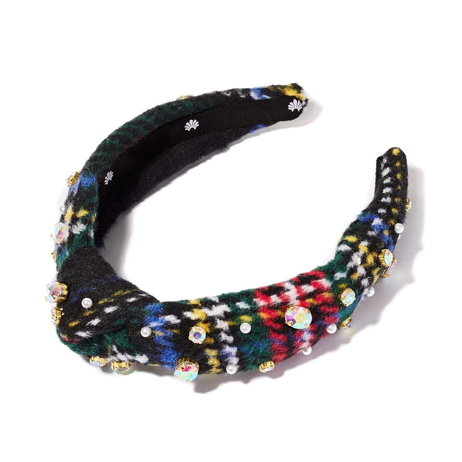 JET PLAID PEARL AND CRYSTAL FLANNEL KIDS KNOTTED HEADBAND